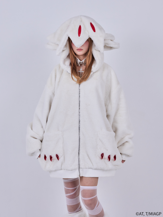 Front view of the white men's polyester hooded jacket with zipper and pockets, showing red claw-like accents on the hood and pockets, worn by a model.