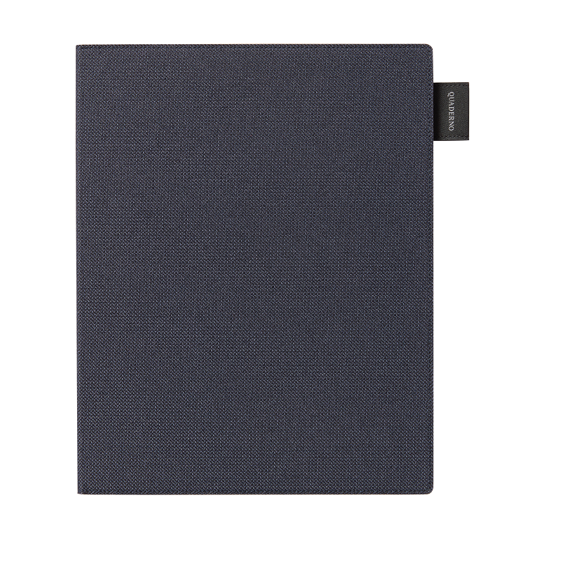 Front view of a blue-black A4 book cover with a textured surface and a small fabric tag on the right.
