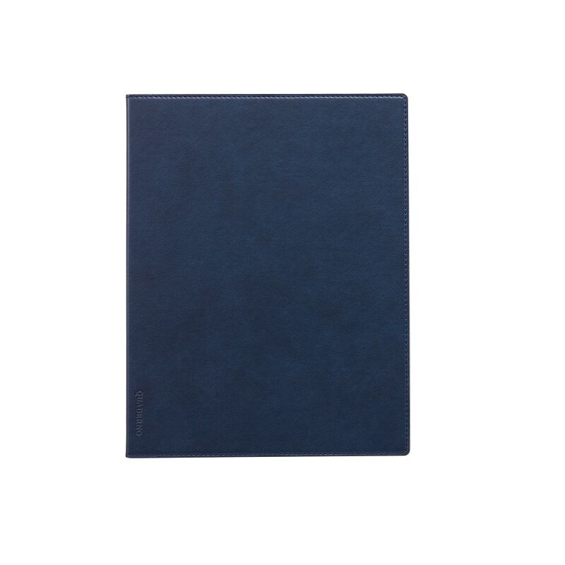 Front view of a navy QUADERNO A5 cow leather book cover on a white background.