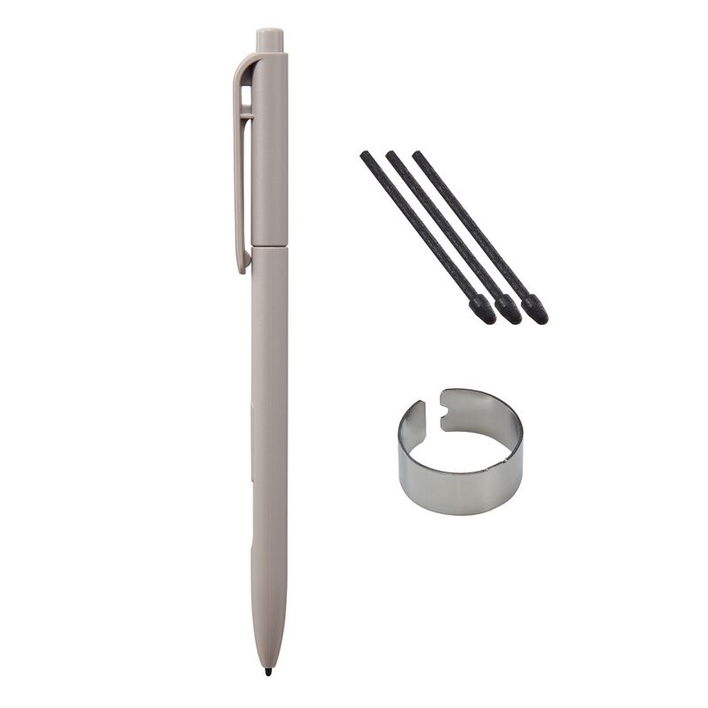 A QUADERNO stylus pen shown with three replacement nibs and a metal ring accessory on a white background.