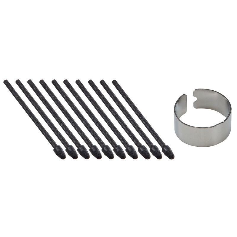 Ten black replacement stylus nibs and a metal ring for a QUADERNO stylus on a white background.