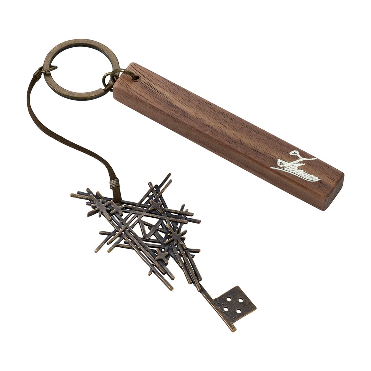 A wooden keychain with a rectangular wood fob and a decorative metal key charm on a white background.