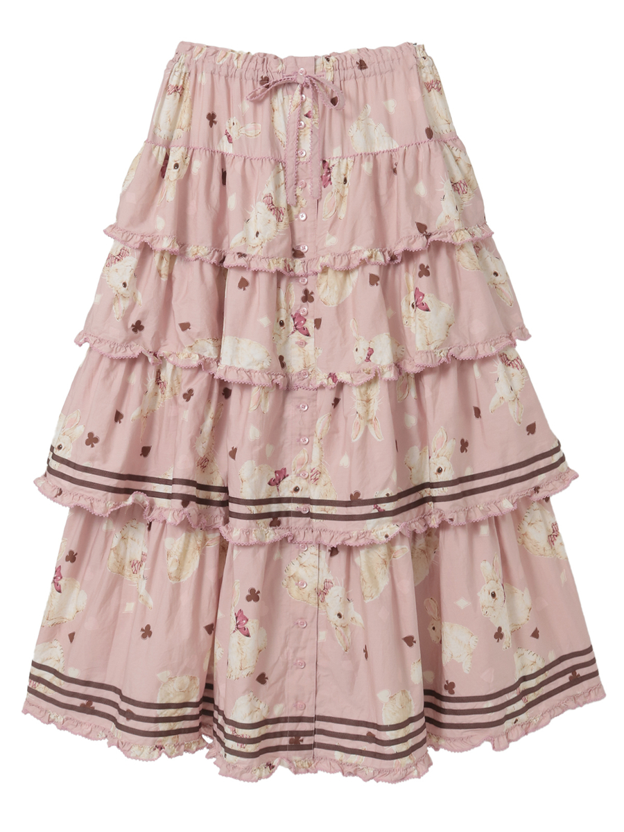Pink tiered women's skirt with Rabbit March rabbit print, ruffled tiers, and dark ribbon trim.