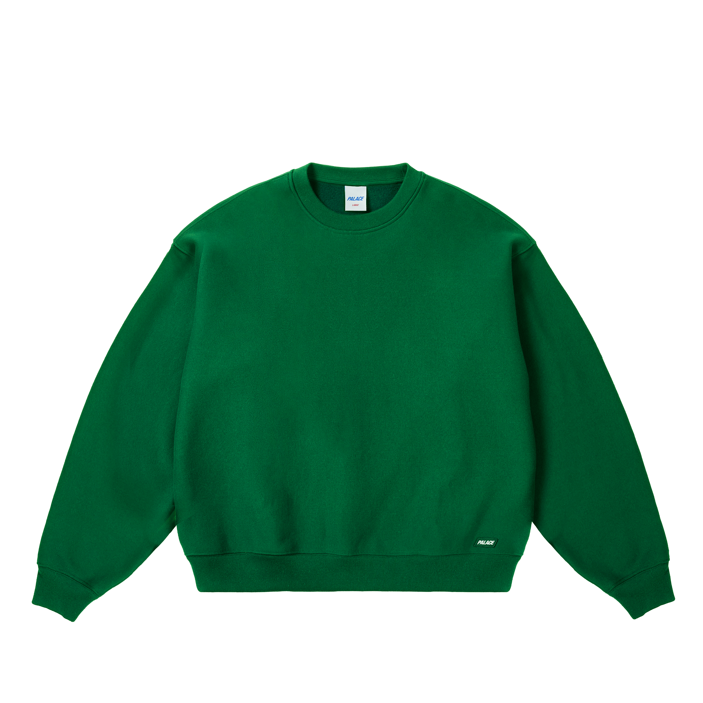 Front view of a green unisex crew sweatshirt laid flat showing the neckline, long sleeves, and ribbed hem.