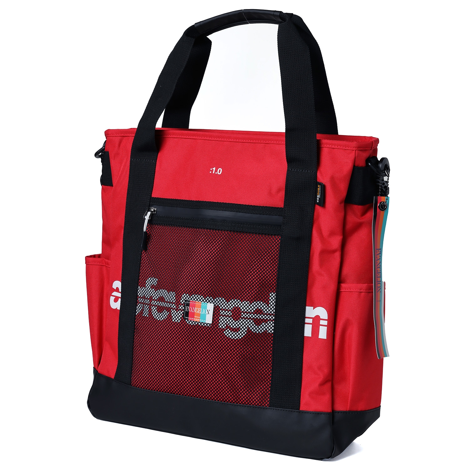 Red polyester bag with black handles, front mesh pocket, zipper, and visible branding.