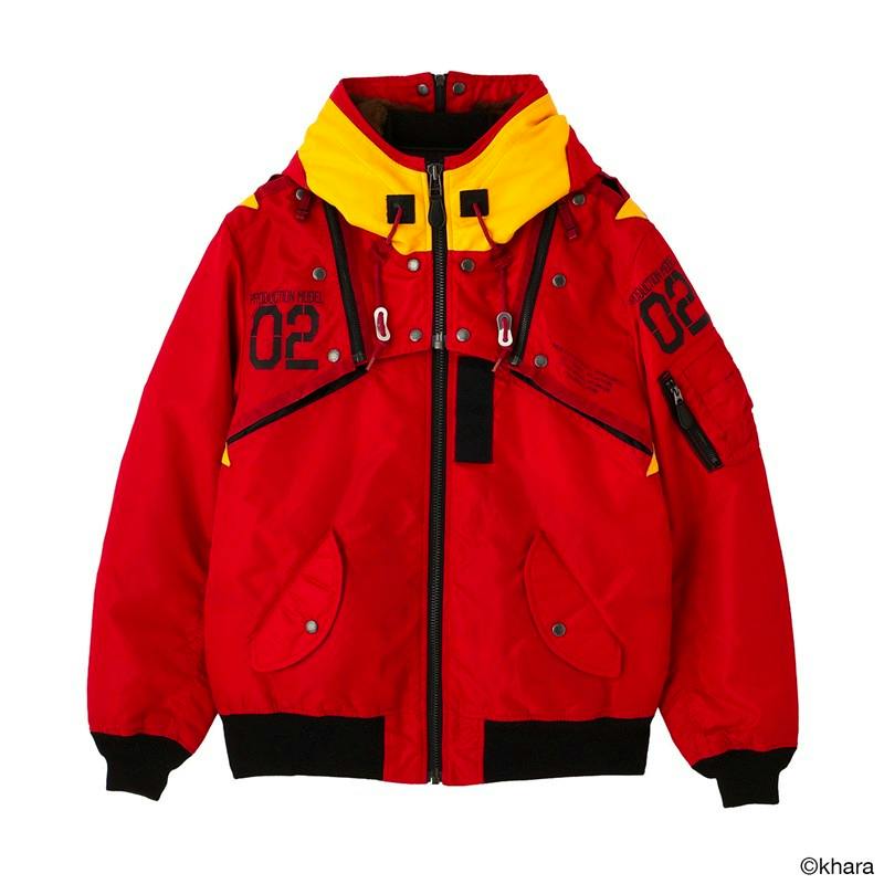 Front view of a red and yellow EVANGELION MA-1 men's nylon jacket with central zipper, pockets, ribbed hem, and printed '02' markings.