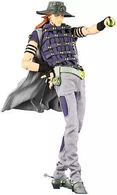 Full-body photo of the RAH Gyro Zeppeli figure from JoJo's Bizarre Adventure Part 7 wearing a hat, cape, and light-colored pants.