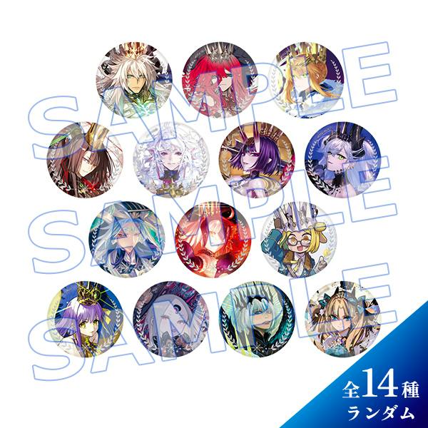 Fourteen round can badges with different character designs arranged on a white background, overlaid with a repeated “SAMPLE” watermark and a blue corner label indicating 全14種 (14 types).