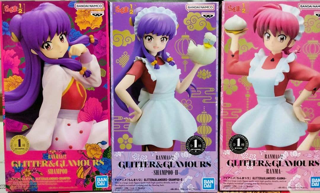 Three boxed Ranma 1/2 Glitter & Glamours plastic figure boxes shown side-by-side representing the 3-piece set.