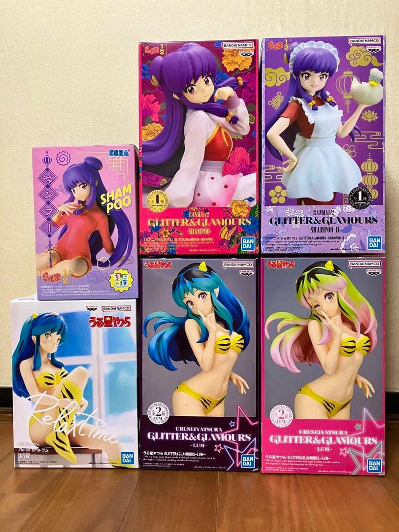 Six boxed Ranma 1/2 / Urusei Yatsura figures (Shampoo and Lum) displayed in two rows against a wall.