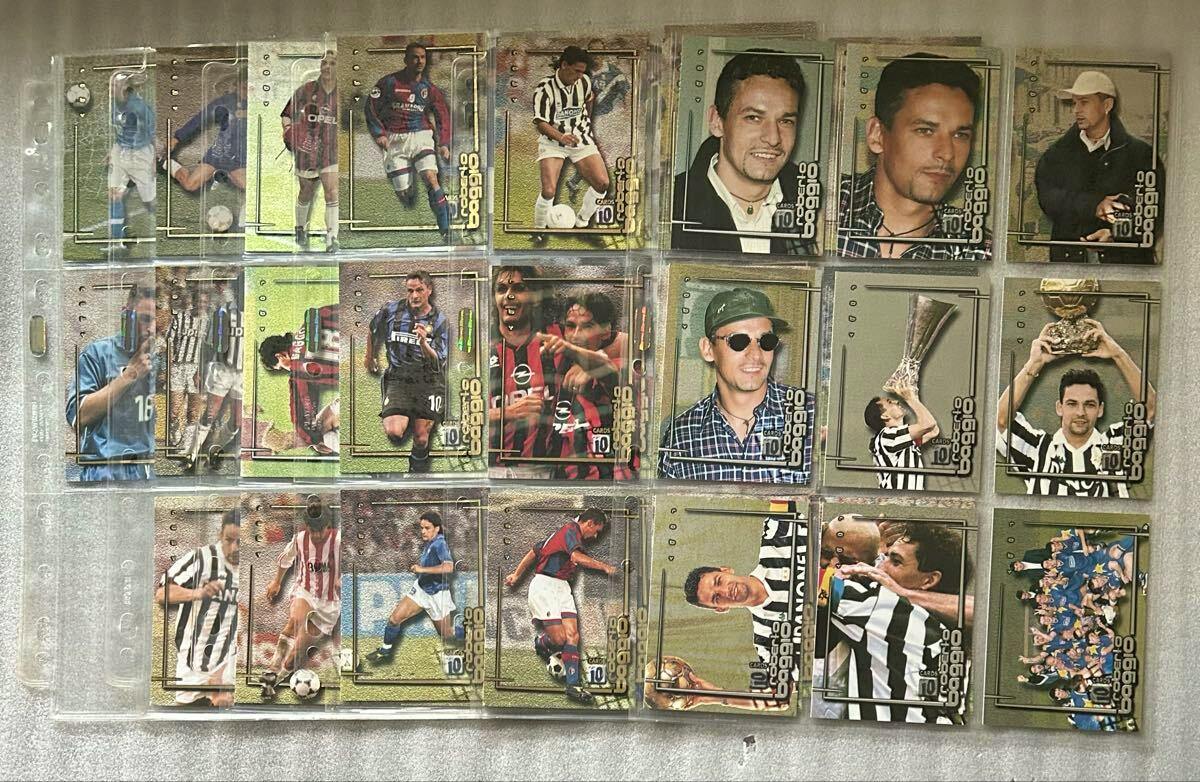 Multiple Roberto Baggio Serie A collectible photocard cards displayed in clear plastic binder sleeves.