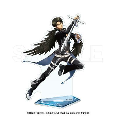 An acrylic display stand of Levi from "Raven Blade" in a dynamic mid-air pose holding a sword on a blue base.