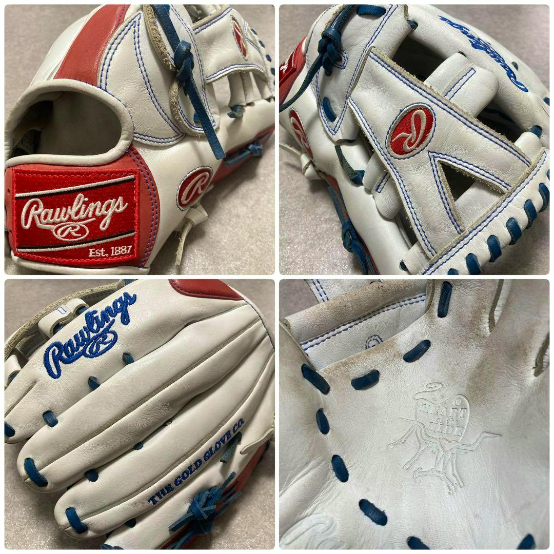 Collage of four photos showing a white Rawlings leather baseball glove from multiple angles, with red accents, blue lacing, and visible logos.