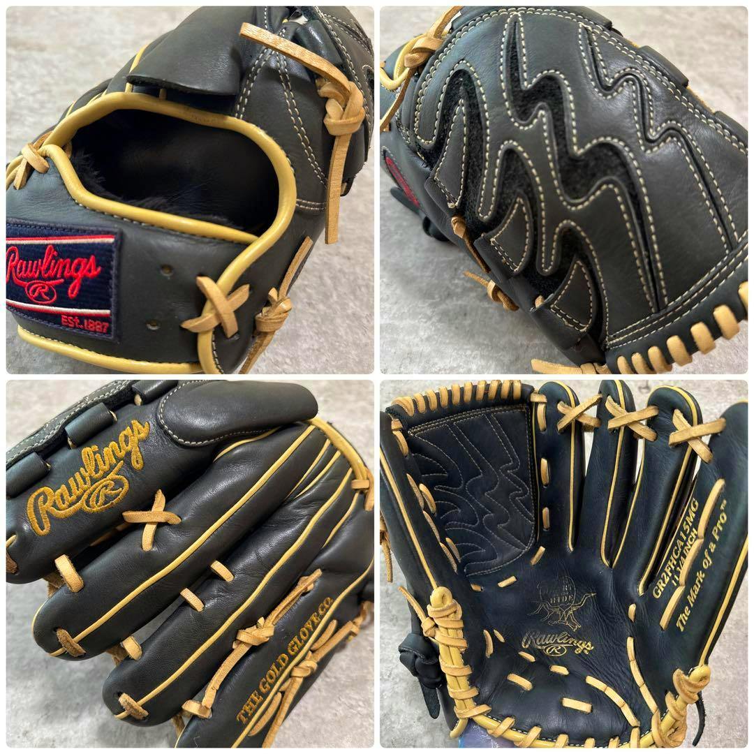 Collage of four photos showing a black Rawlings leather baseball glove with tan laces and gold embroidery.