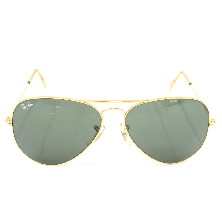 Front-facing photo of the Ray-Ban gold metal teardrop sunglasses with green lenses on a white background.