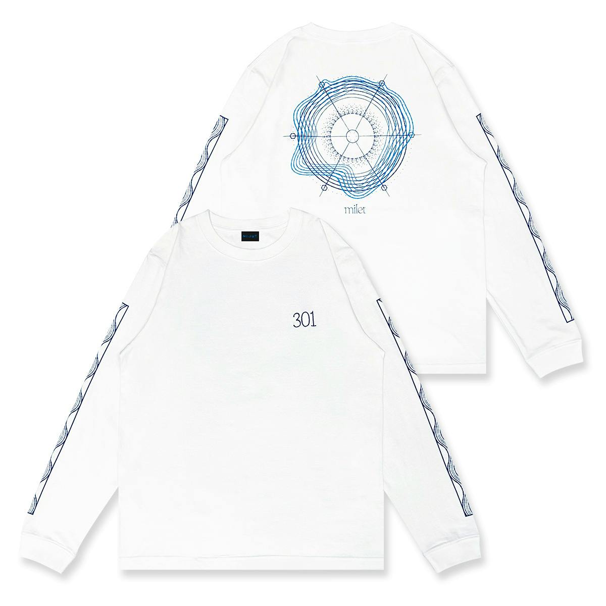 Front and back views of the white Ray of Water long sleeve T-shirt showing '301' on the chest, blue wave stripes on the sleeves, and a circular blue back graphic.