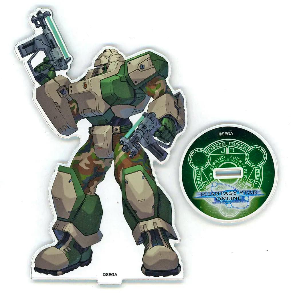 A photo of an acrylic character stand showing a camouflaged armored figure alongside its round green Phantasy Star Online printed base.