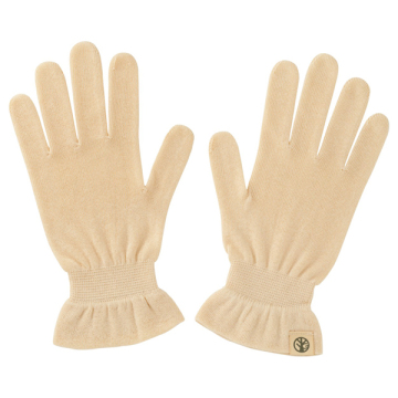 A pair of beige rayon gloves laid flat showing front sides and elastic cuffs.