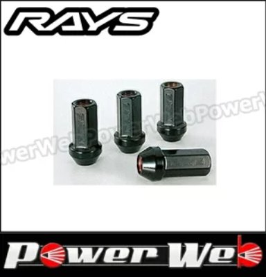 Four black RAYS 17HEX racing lug nuts (M12 x 1.5) displayed on a white background.