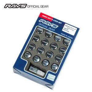Packaged RAYS chrome-plated wheel lock and nut set in a blue box showing multiple nuts and a lock key.