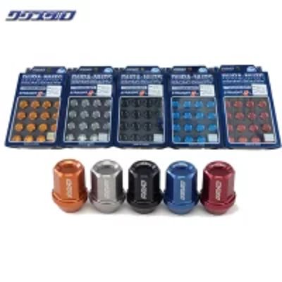 Five RAYS DURA NUTS lock nuts in different colors displayed with packaged sets behind.