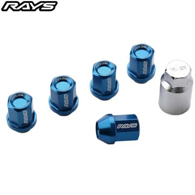 Blue RAYS lock nuts and a silver socket adapter displayed on a white background with the RAYS logo.