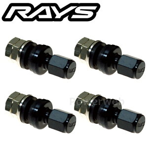 Four black RAYS air valves with hexagonal nuts and caps arranged on a white background with the RAYS logo above.