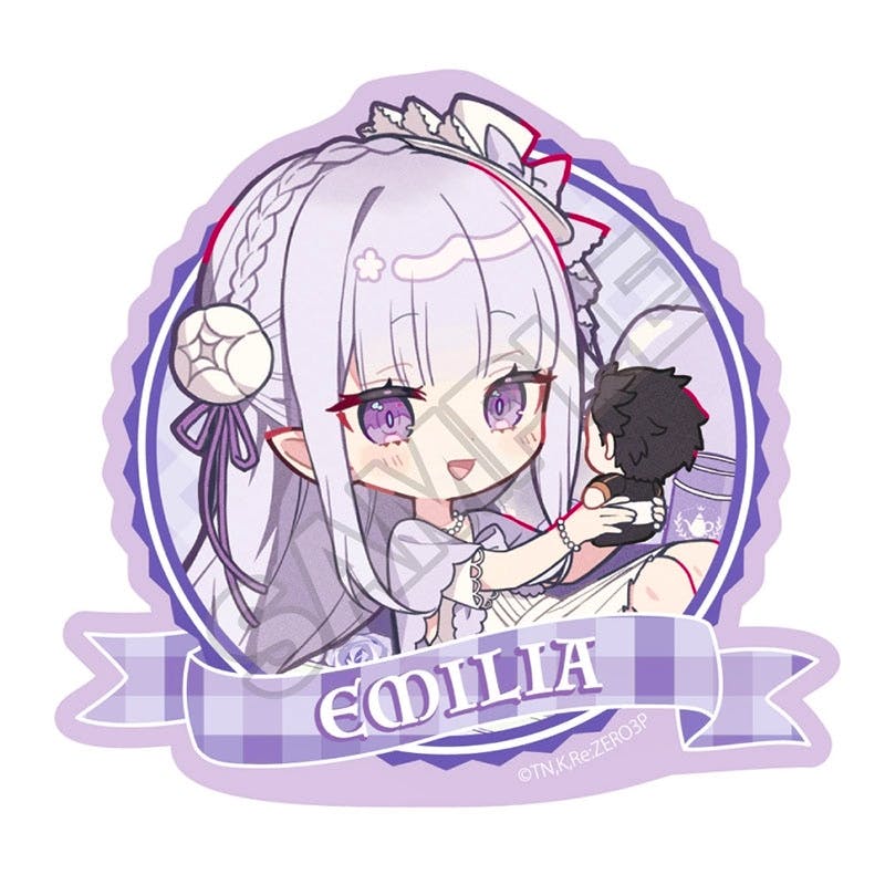 Purple chibi-style sticker illustration of Emilia from Re:Zero holding a small figure, with a ribbon banner reading “EMILIA”.