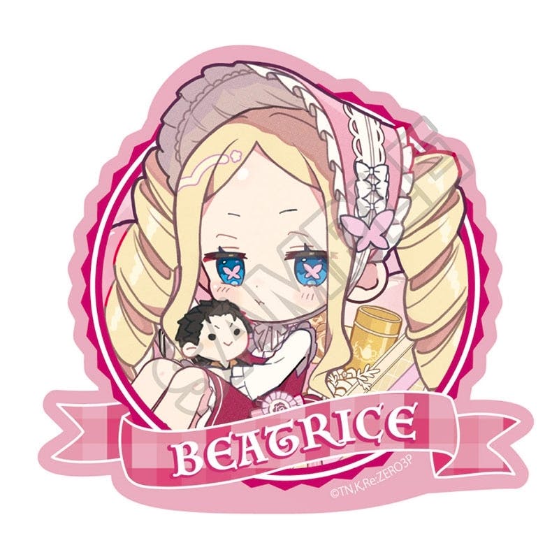 Chibi-style paper sticker of Beatrice from Re:Zero with a pink decorative border and a banner reading "BEATRICE".