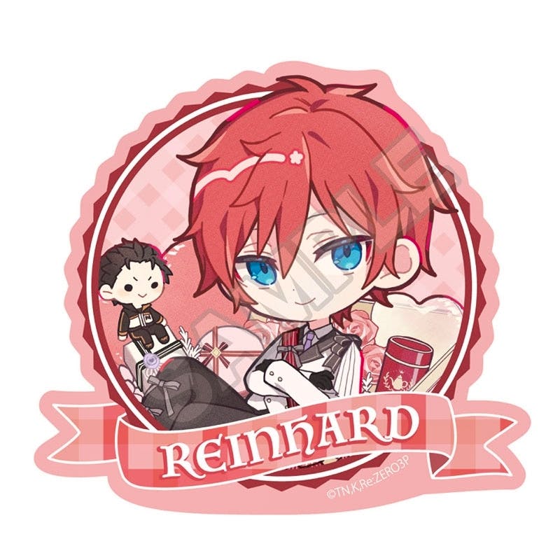 Paper sticker showing a chibi Reinhard from Re:Zero in a pink circular design with a banner reading "REINHARD".