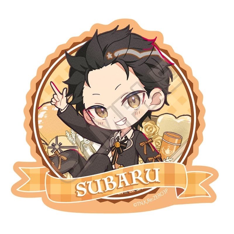 Chibi-style paper sticker of Subaru from Re:Zero with an orange ribbon banner reading 'SUBARU'.