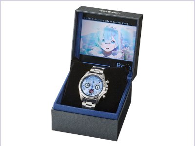 A Re:Zero × Seiko wristwatch with a non-precious metal case shown inside its presentation box with an illustrated lid.