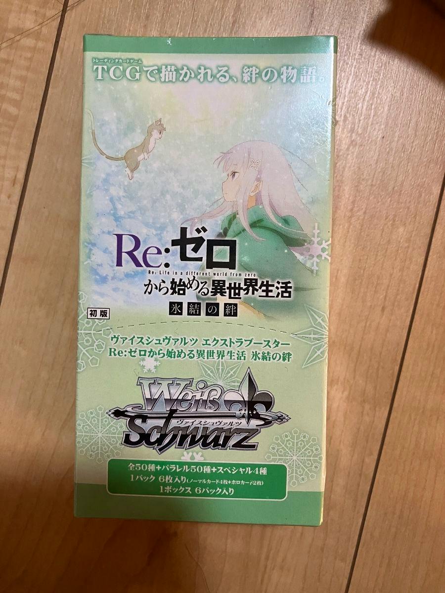 Photograph of the front of a Re:ゼロから始める異世界生活 氷結の絆 Weiss Schwarz extra booster box on a wooden surface.