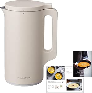 Cream-white RSY-2 Recolte soup maker pot with handle shown upright, with small inset recipe images.
