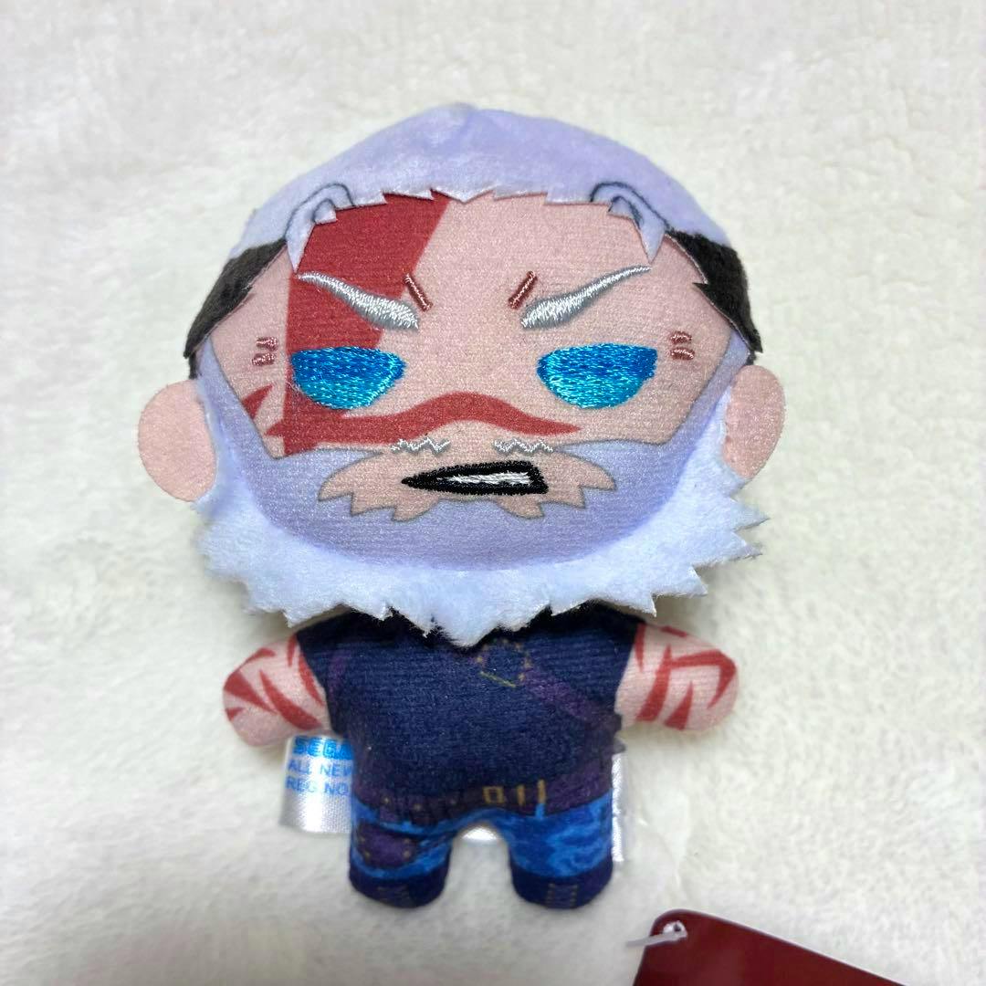 Front view of the 終末のワルキューレⅢ マスコット Vol.1 レオニダス王 plush toy showing embroidered facial details, beard, and printed outfit.