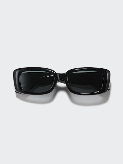 Front view of black rectangular plastic sunglasses on a light background.