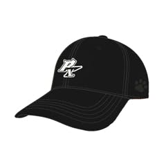 Black baseball cap showing the front with a white logo patch and contrast stitching.