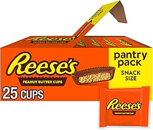 Pantry pack box of Reese's peanut butter cups showing the orange packaging, an open box with multiple individually wrapped snack-size cups and one wrapped cup visible.