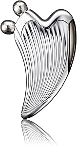 Silver handheld facial massager with two spherical rollers at the top and a ribbed curved, wing-shaped body on a white background.