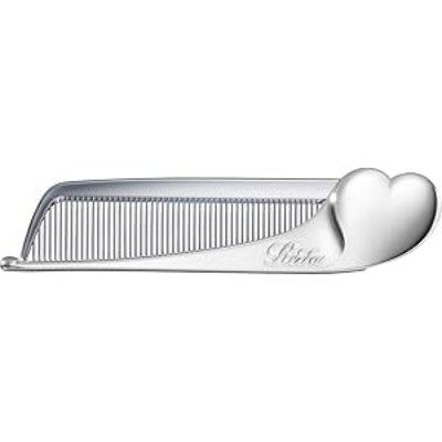 A silver ReFa HEART COMB Aira plastic hair comb with a heart-shaped handle on a white background.