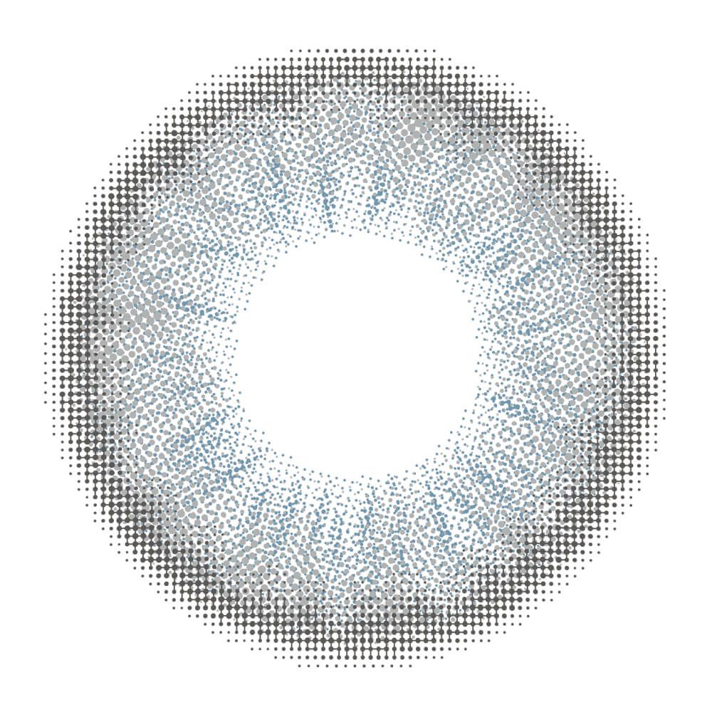 Top-down close-up of a REFFiNE LiGHT contact lens showing a dotted grey-blue ring pattern on a white background.