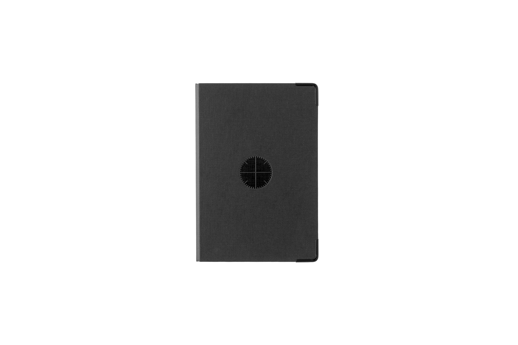 Front view of a black refill storage notebook (Bible & narrow size) with a circular emblem on the cover.