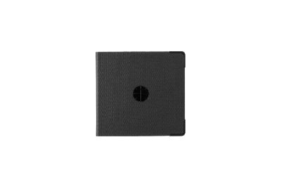 Front view of a small square black plastic refill storage binder with a circular hole in the center on a white background.