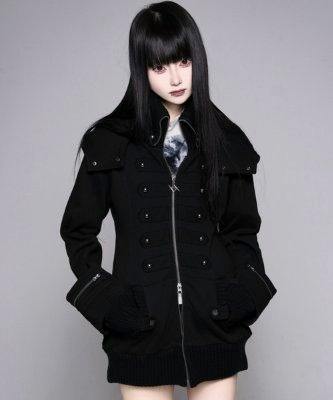 Female model wearing a black zip-up hoodie (Napoleon rib collar style) shown from the front.
