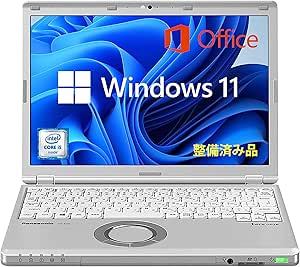 Refurbished Panasonic Let's Note CF-SZ6 laptop open, screen showing Windows 11 and Office logos.