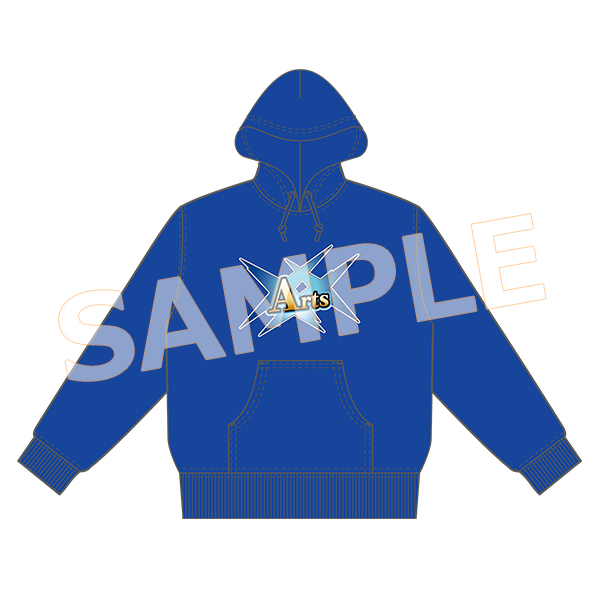 Front-facing illustration of a blue men's cotton hoodie with a hood, kangaroo pocket, ribbed cuffs, a central "Arts" graphic, and a SAMPLE watermark.