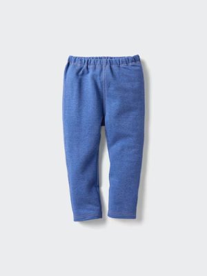 Blue denim-like children's relaxed-fit cotton leggings shown full-length on a light background.