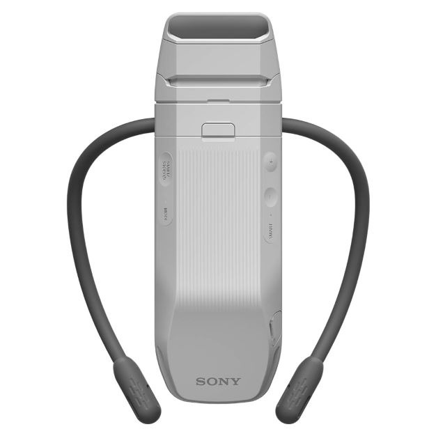 Front view of a silver REON POCKET wearable sensor with an integrated neckband and Sony logo.