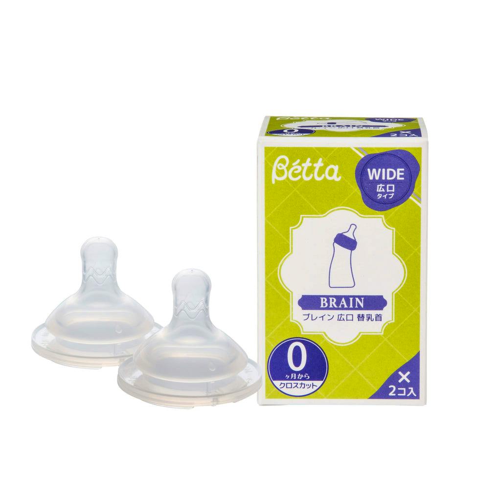 Two clear replacement wide-neck cross-cut baby bottle nipples shown next to the product's green-and-white Betta branded box.