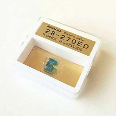 Replacement record player stylus (28-270ED) shown inside a small clear plastic case with a labeled gold insert.